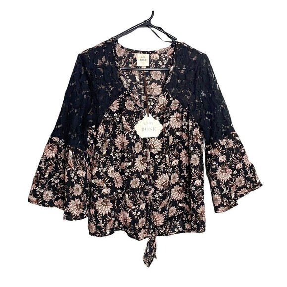 Knox Rose Size Small Floral Lace Peasant Button Top Bohemian Front Knot  NEW - Picture 1 of 8